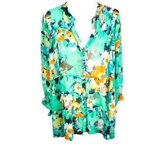 Sundance Green Watercolor Floral Print Semi Sheer Silk Top.